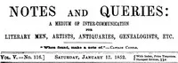 Notes and Queries, Vol. V, Number 116, January 17, 1852: A Medium of Inter-communication for Literary Men, Artists, Antiquaries, Genealogists, etc. — Various cover
