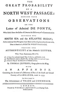 The great probability of a North West Passage: deduced from observations on the letter of Admiral de Fonte — Anonymous cover