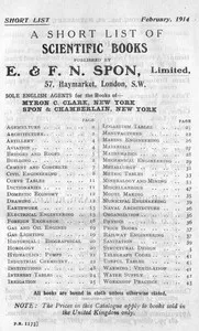 A Short List of Scientific Books Published by E. & F. N. Spon, Limited. February 1914 — E. & F. N. Spon cover