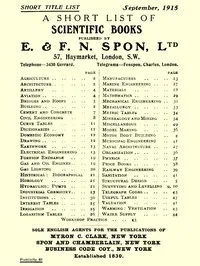 A Short List of Scientific Books Published by E. & F. N. Spon, Ltd. September 1915 — E. & F. N. Spon cover